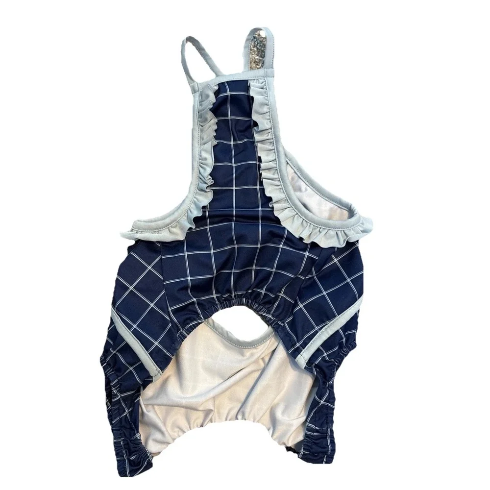 YOULY Dog Bathing Suit Swimsuit‎ Girl Size M Blue Check Ruffles 16-18